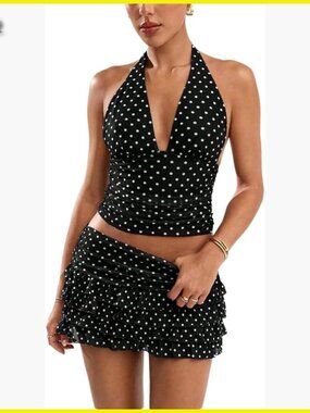 Polka Dot Two Piece Skirt Set Halter Top Ruffle Mini Y2K Retro Outfits